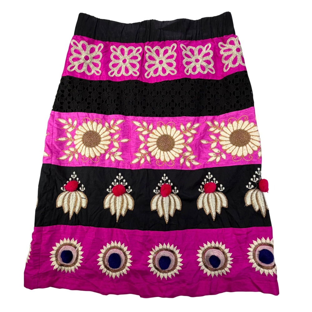 Leifsdottir Embroidered Mini Skirt Anthropologie Boho Pom Pom Eyelet Size 8